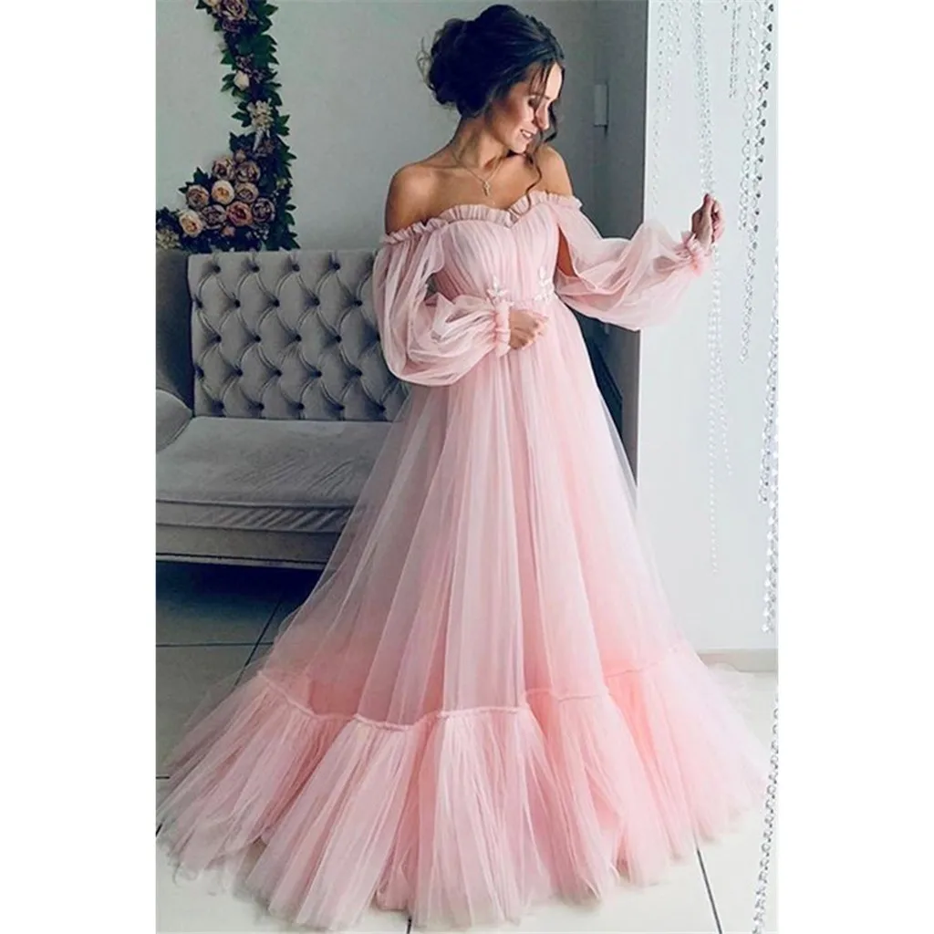 

Women's Temperament Elegant Mesh Gown Dresses Solid Colour Swing Mesh Evening Dresses Off The Shoulder Long Sleeve Wedding Dress