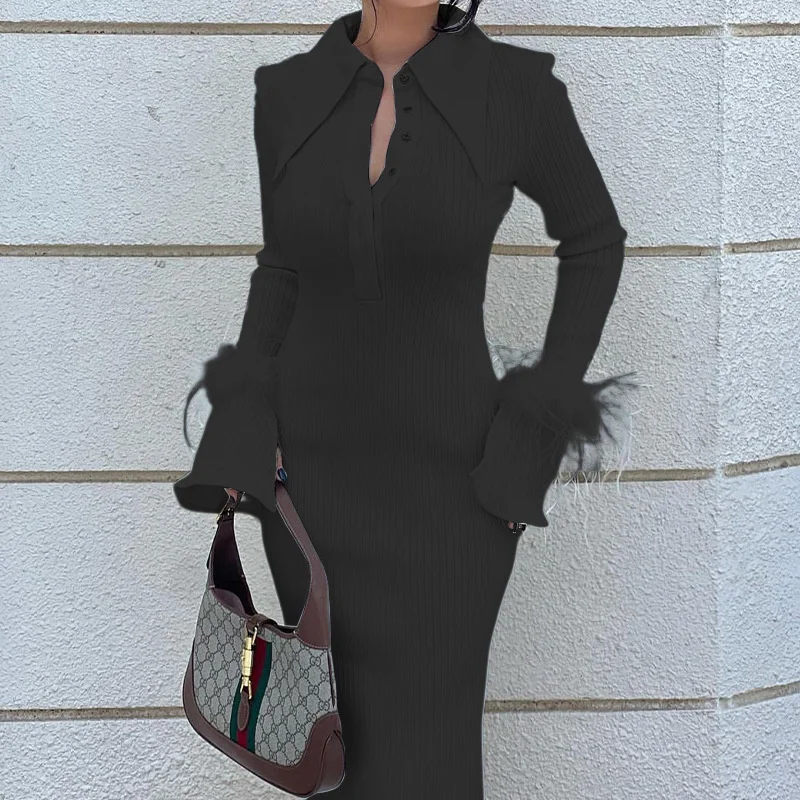 Autumn & Winter New Women's Fashion Polo Neck Feather Long Pit Stripe Dress Elegant & Beautiful Party Evening Dress