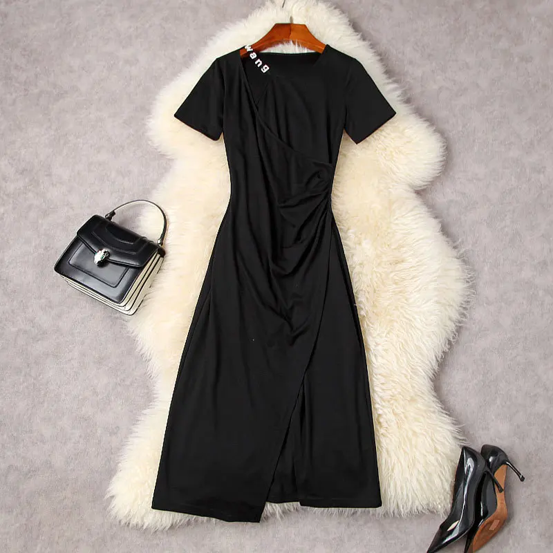 

Black Dress Summer Women's Clothing 2022 New Diamonds Letters Round Neck Short Sleeves Slimming Split Casual Midi Dress S-XL