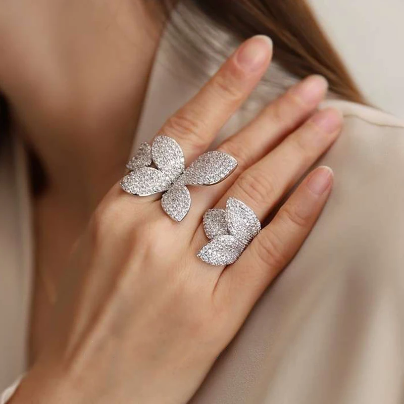 UILZ luxury shiny zircon adjustable ring women's fashion four-leaf clover-shaped open ring daily simple jewelry New Year gift adjustable rings
