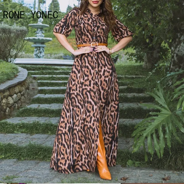 2023 Women Chic Tiger Print Turn Down Neck with Belts Half Long Sleeves  Maxi A-line