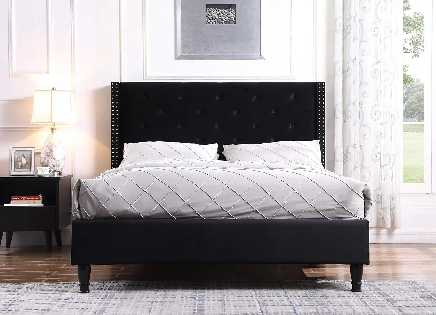 

Astor - Upholstered 51" Tall Headboard Tufted Suede Velour Platform Bed/Mattress Foundation/Wood Slat Support