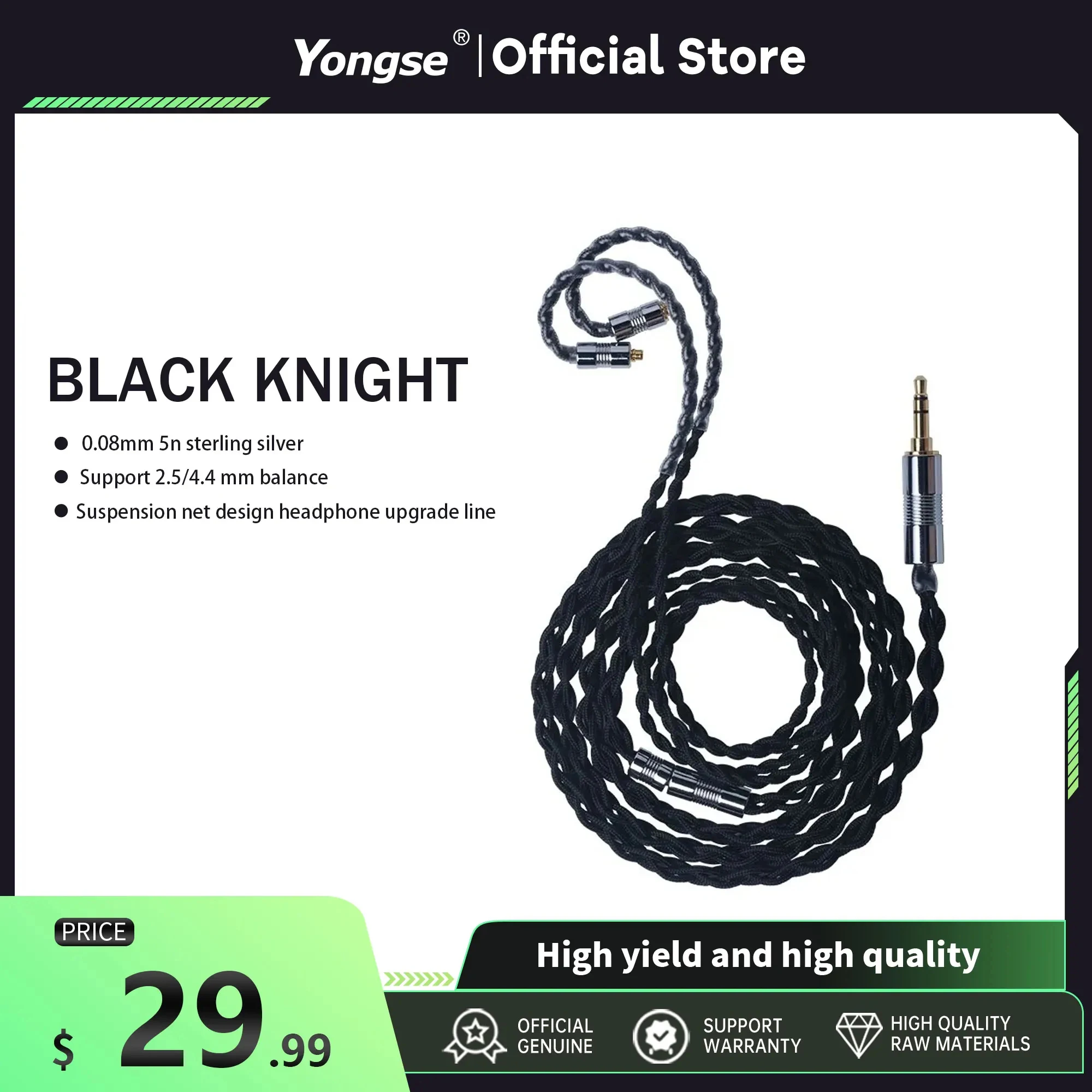 

Усовершенствованный кабель для наушников YONGSE Black Knight, 4-ядерный штекер из стерлингового серебра 3,5/4,4, аудиокабель с балансировкой, Hi-Fi кабель для неподвластного S12