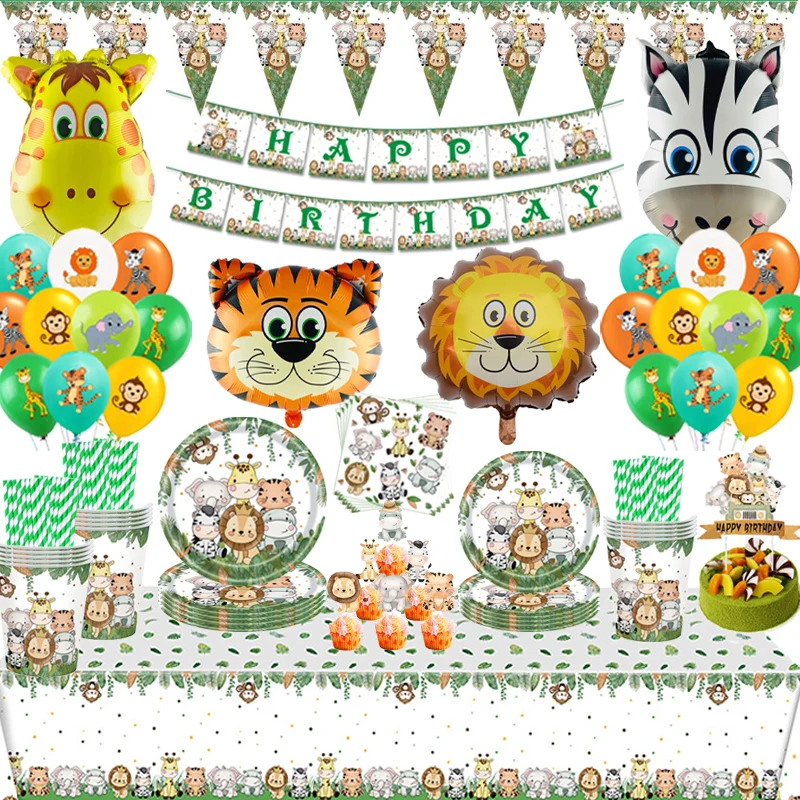 

Jungle Safari Birthday Party Supplies Baby Shower Cup Plate Tablecloth Napkins Banner Balloons for Animals Birthday Decorations