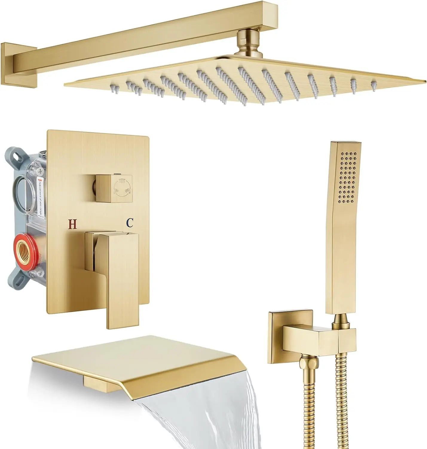 

Handheld Sprayer Waterfall Tub Spout Wall Mounted Mixer Combo Rough-in Valve and Trim Included 7.9 Inch Wide Spout Brushed Gold