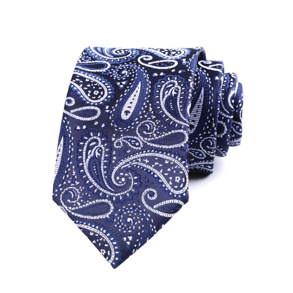 

Korea 7CM Mens Necktie Navy Blue Sliver Paisley Ascot Ties For Man Wedding Polyester Silk Cravat Business Party Corbatas Para
