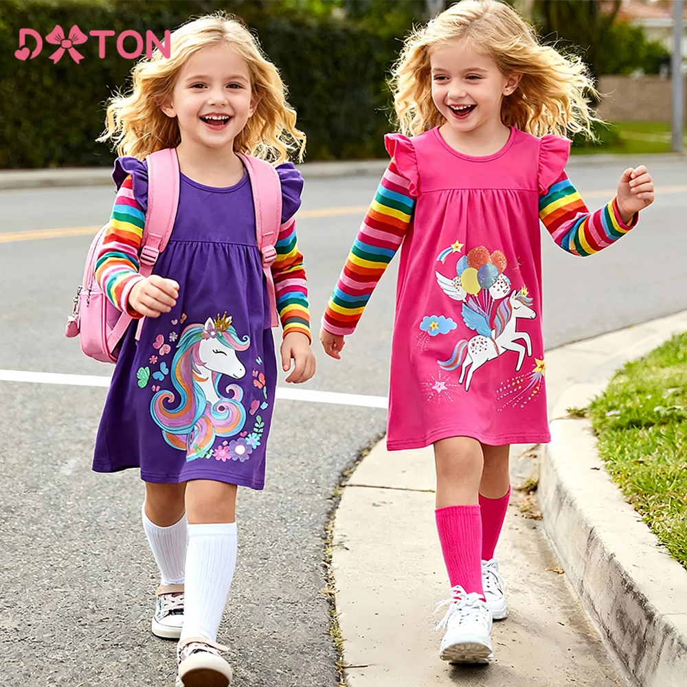 DXTON Herbst Kinder A-line Kleid Gestreiften Regenbogen Kinder Casual Kleid Licorne Schule Kinder Outfit Mädchen Cartoon Urlaub Kleidung