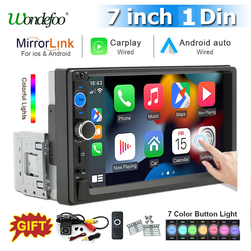 Radio de coche de 7 pulgadas, 1 Din, Carplay, Android, reproductor Multimedia para coche, pantalla táctil HD, FM, AUX, Bluetooth, MirrorLink, Autoradio Universal 1