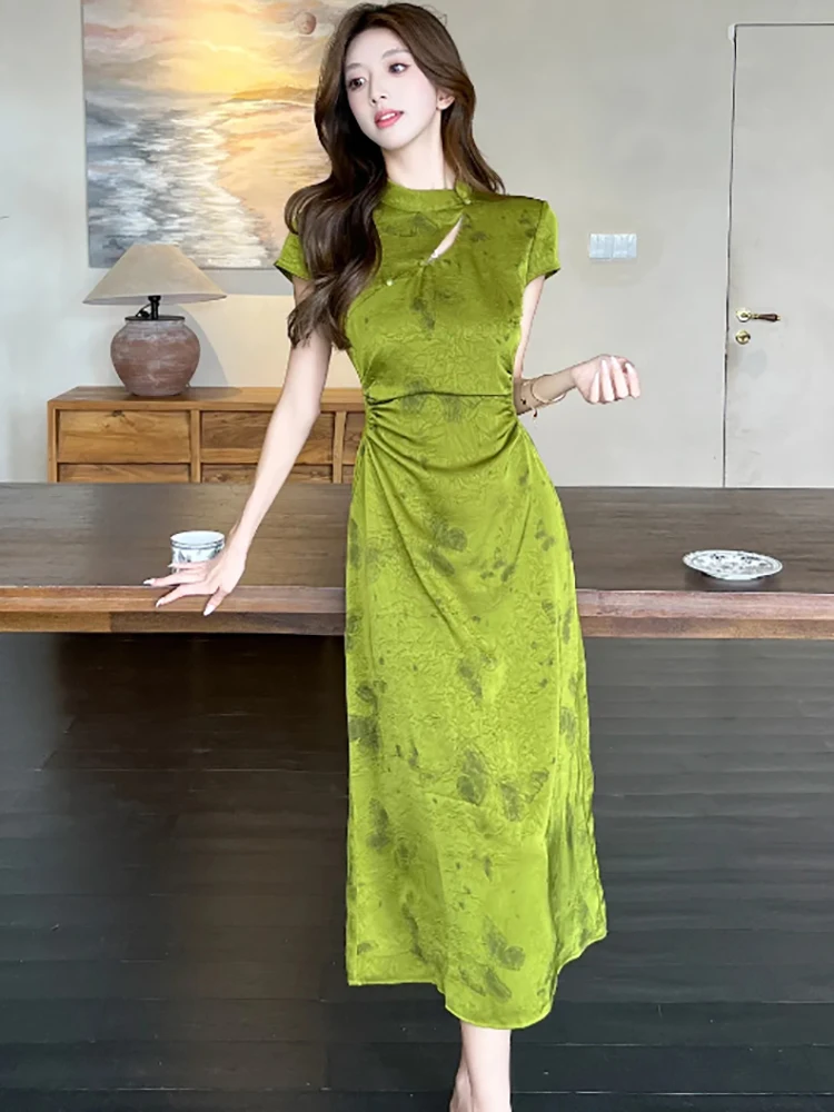 2025 Green Print Satin Short Sleeve Stand Collar Dress Women