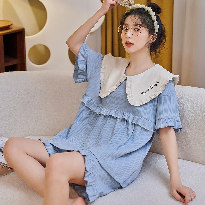 

Spring Autunm Cotton Women Pajamas Two Piece Set Lady Homewear Short Sleeve And Shorts Female Loose Casual Nightwear Sleepwear