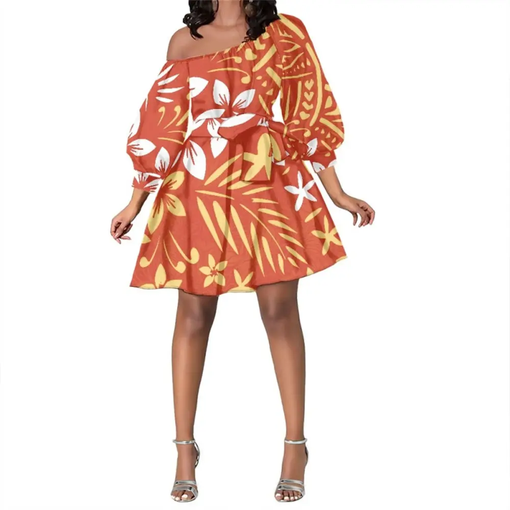

Polynesian Samoan Tribal Clothing Hawaiian Tapa Print Custom Women Oblique Shoulder Long Sleeve Mini Bandage Chiffon Dresses