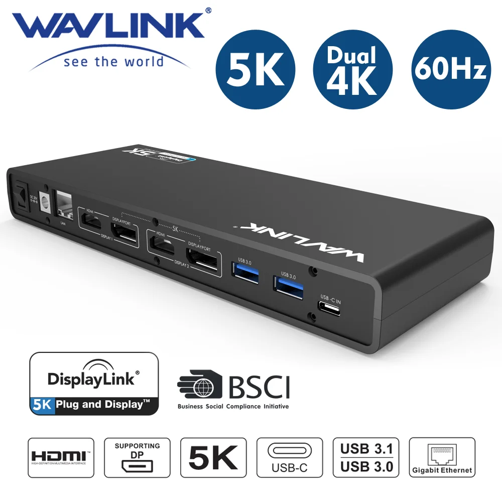 Wavlink universal docking station displaylink 5k usb c dual display usb