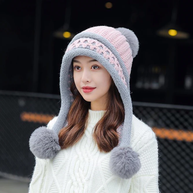 

Autumn Winter Ear Protection Hat Women's Warm Knitting Baotou Girl Outdoor Ball Vop Cute Hat Korean Japanese Students Pink