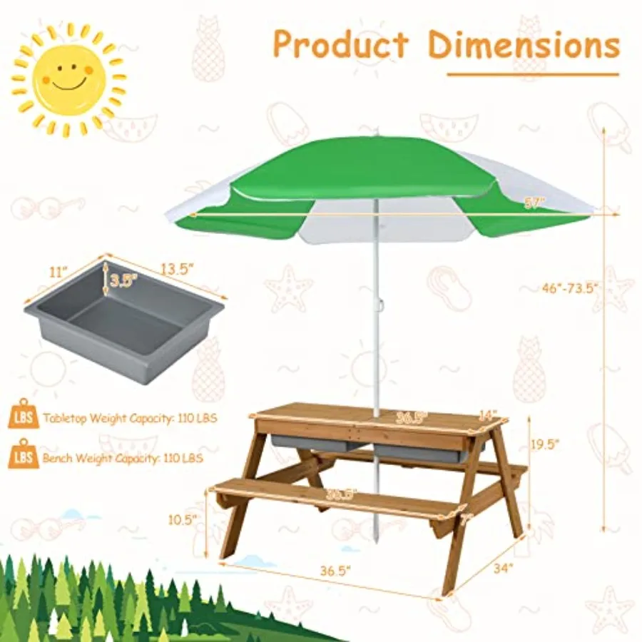 Picknicktisch für Kinder im Freien mit Sand- und Wasserspielbehältern, höhenverstellbarem Sonnenschirm und abnehmbarer Tischplatte – kleinkindgerecht_voghion.com