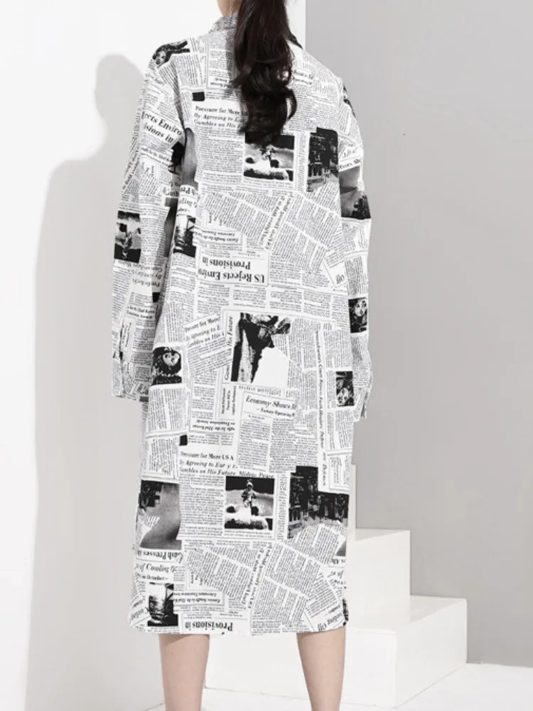 BZVW Shirt Women Irregular Newspaper Pattern Print Dress Long Lseeve Casual Fashion Female Loose Tops 2024 Summer New JF008