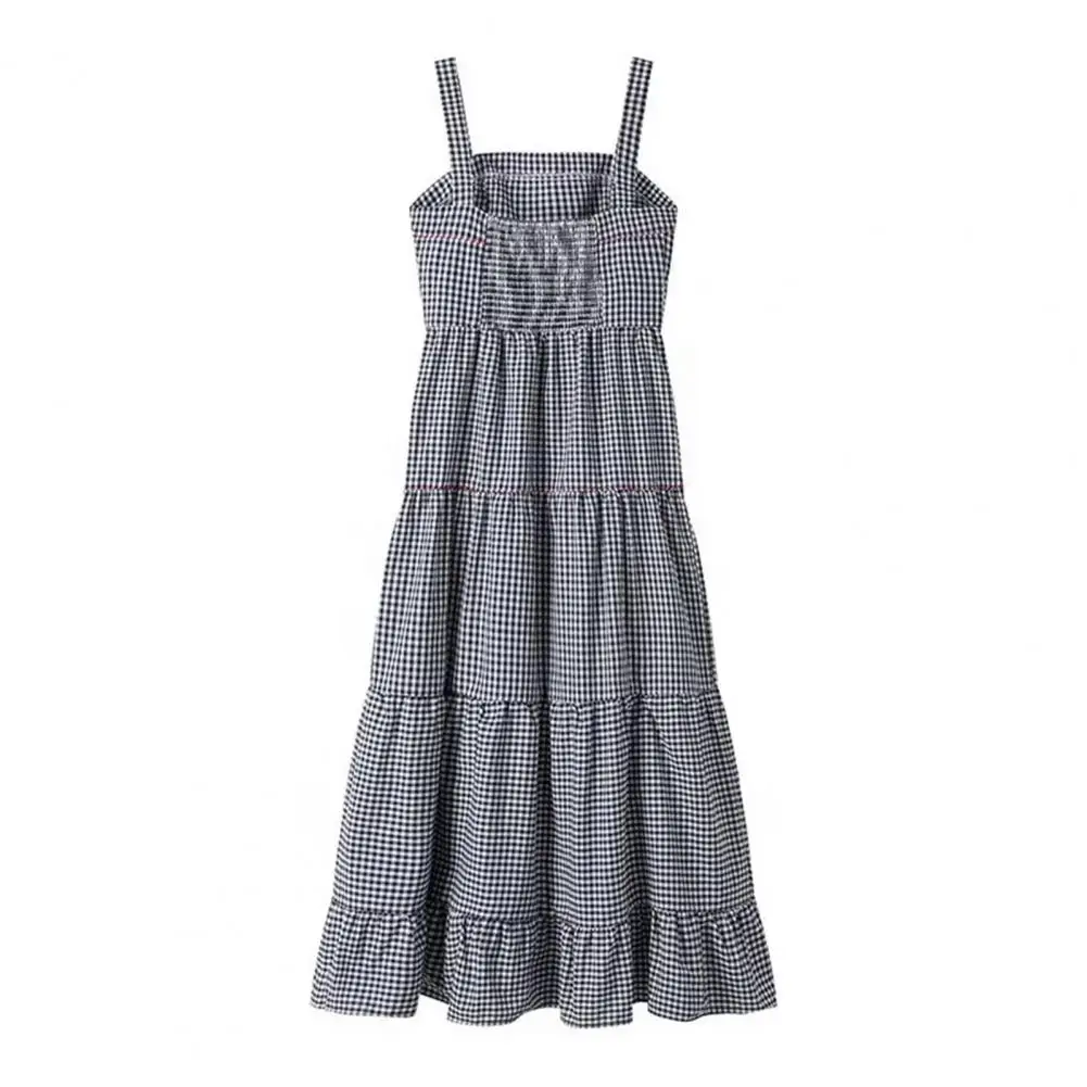 

Women Embroidered Dress Loose Cut Pleated Midi Dress Embroidered Lobster Plaid Midi Dress for Summer Vacation A-line Style