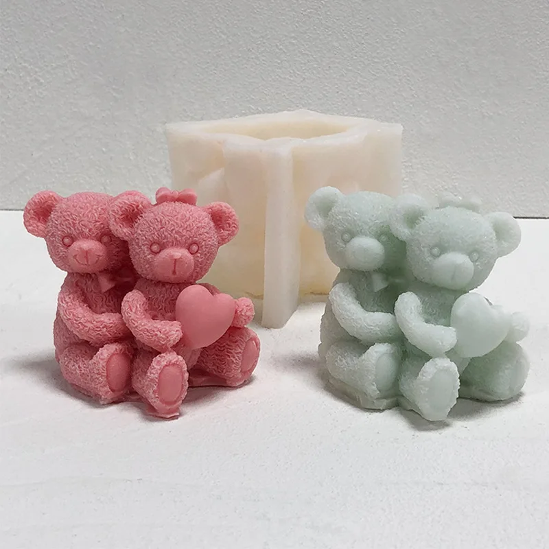 Couple Bear Silicone Candle Mold 3D Cute Animal Soap Plaster Crafts Resin Making Tools for Valentine's Day or Wedding Gifts