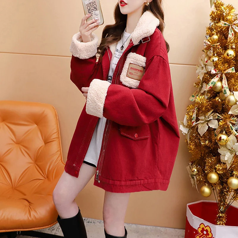 

New Cashmere Coat Women Autumn Winter 2023 Korean Medium Long Add Velvet Padded Warm Jacket Loose Zipper Sweater Outwear Female