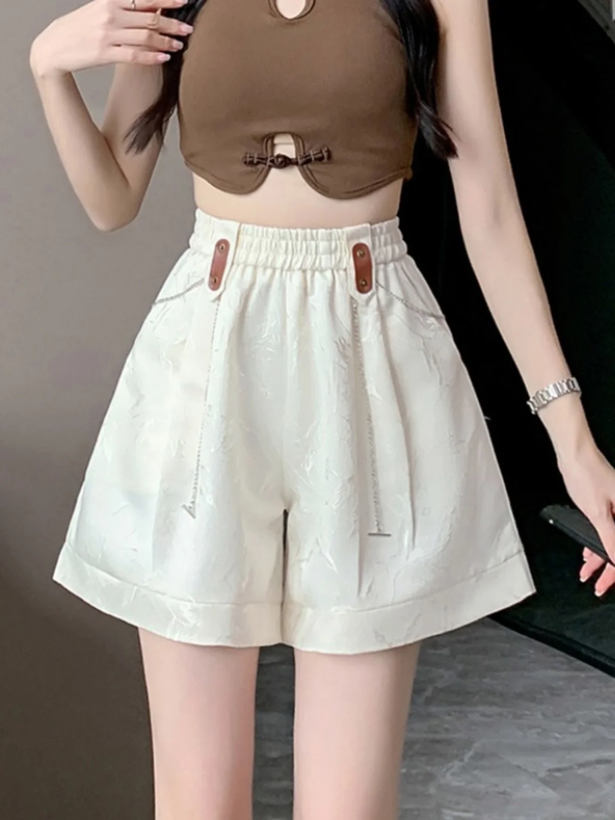 

2024 New Women Summer Fashion High Waist Jacquard Shorts Female Loose Wide Legs Shorts Ladies Pockets Casual Short Pants L239