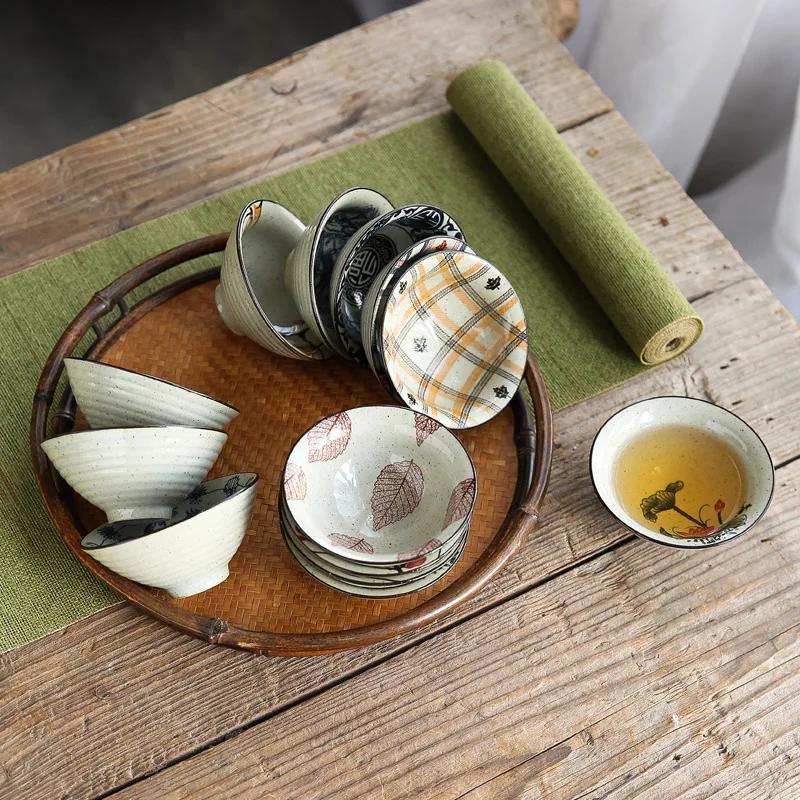 Tea Cup Master Cup Grass Gray Bamboo Hat Retro Kung Fu Chinese Making Ceramic Underglaze Colored Guest Cups Teaware Kitchen Bar