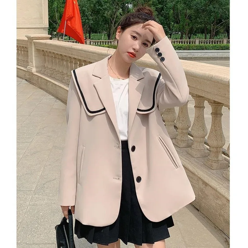

Fashion Korean Women's Suit Coat Spring Autumn Casual Navy Collar Single-breasted Long Sleeve Blazers Jacket Female