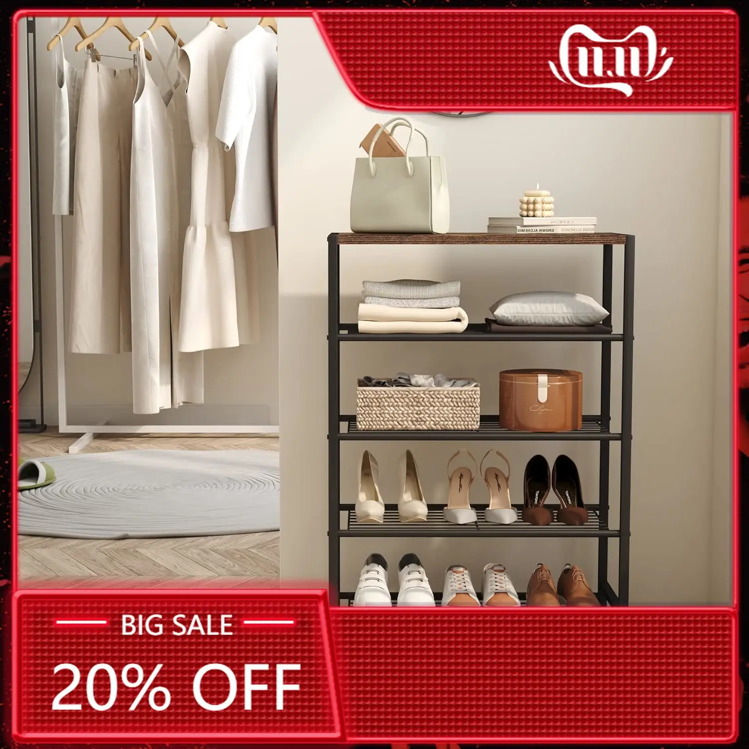 5-Tier Shoe Rack, Shoe Storage Shelf with MDF Top Board, Shoe Rack Organizer, Each Tier Fits 3 Pairs