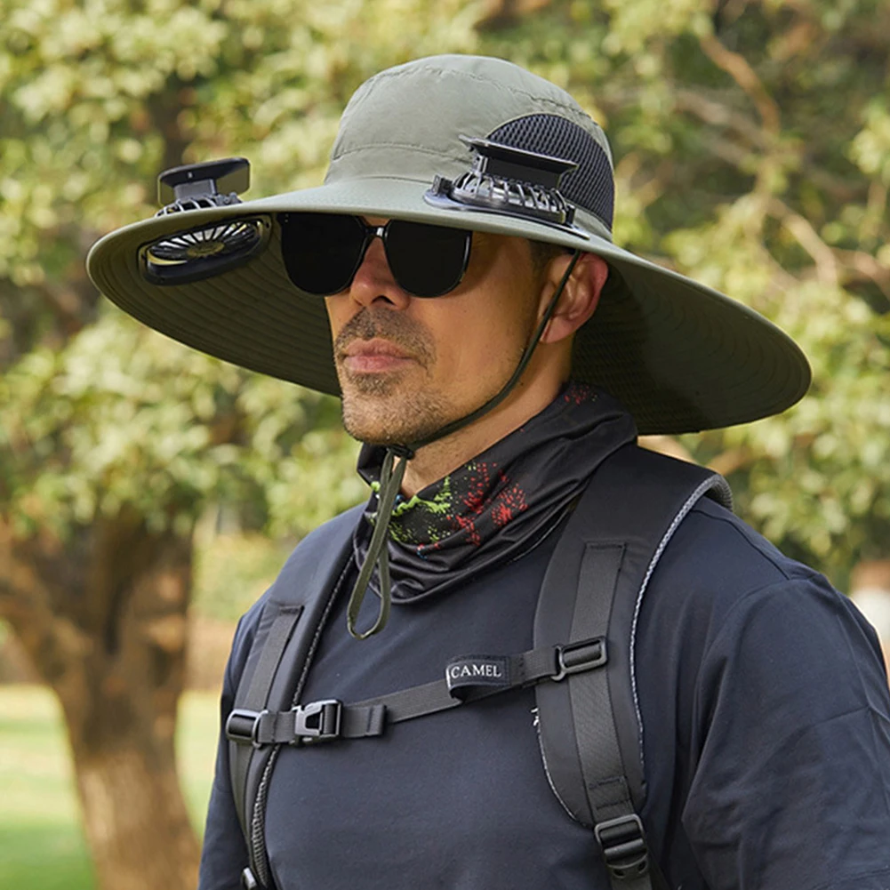 Solar Fan Outdoor Fishing Hat with 2 Solar Fan Wide Brim Bucket Hat for Men Outdoor Camping Fishing Hiking