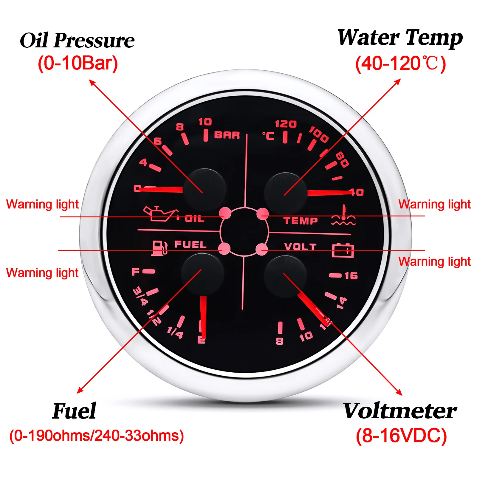 HD 85mm 4 in 1 Multifunction Oil Pressure/Water Temp/Voltmeter/ Fuel Level 0-190 ohms 240-33 ohms 40-120℃ Temp With Alarm