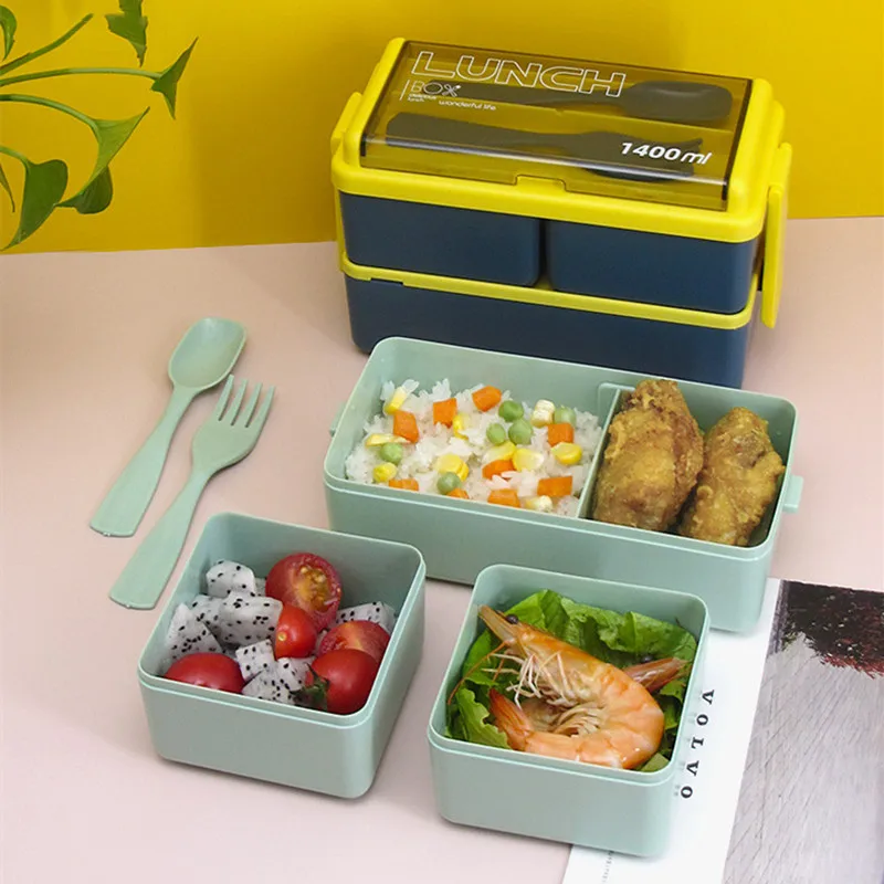 2 Layer Lunch Box Spoon Fork Dinnerware Bento Box Set Food Storage  Microwave 