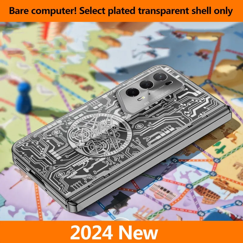 Electroplated Transparent Folding Hinge Case with Tempered Film Cover and Mechanical Pattern Design
