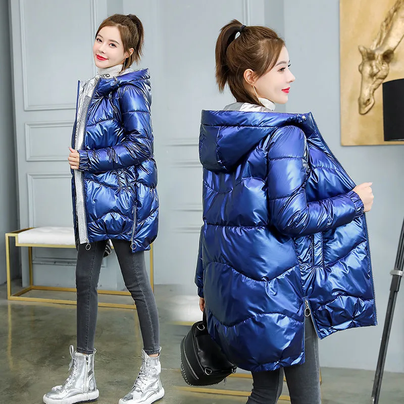 

2023 New Winter Padded Parkas Women Glossy Down Cotton Jacket Hooded Parka Warm Female Casual Outwear