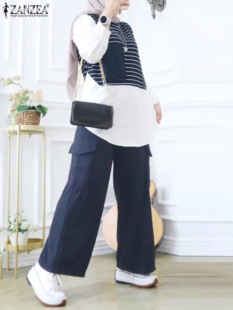 ZANZEA 용수철 여성용 블라우스 와이드 레그 팬츠 세트, 패치워크 매칭 세트, 이슬람 히잡 운동복, 터키 의상, 이슬람 의상 
