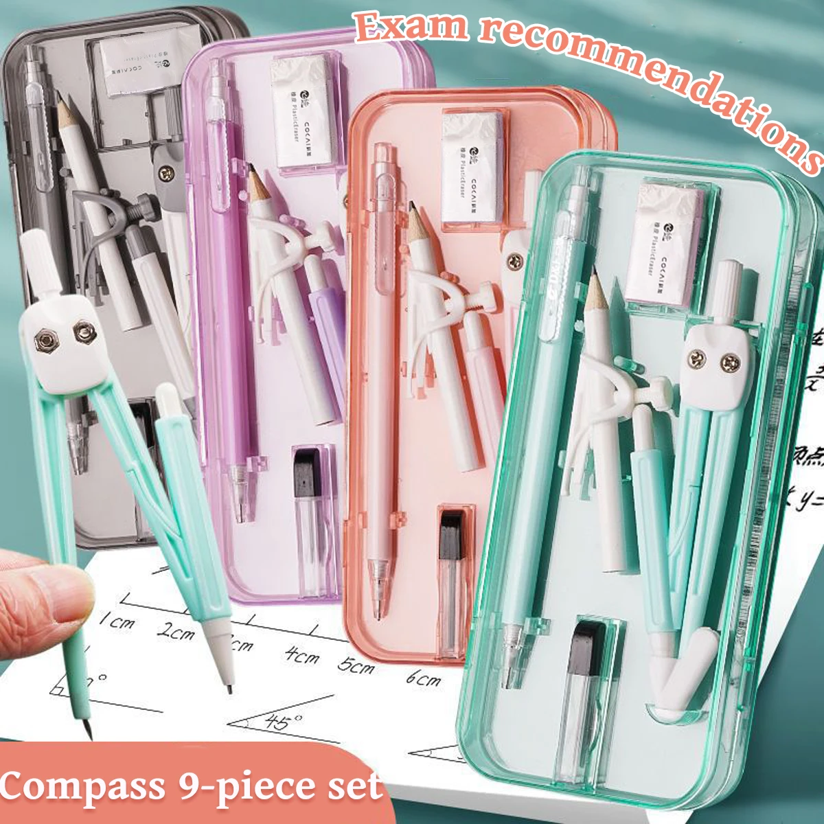 Kawaii Ruler Set Exam Compass Ruler 9-piece Set Student Math Drawing Tool School Supplies