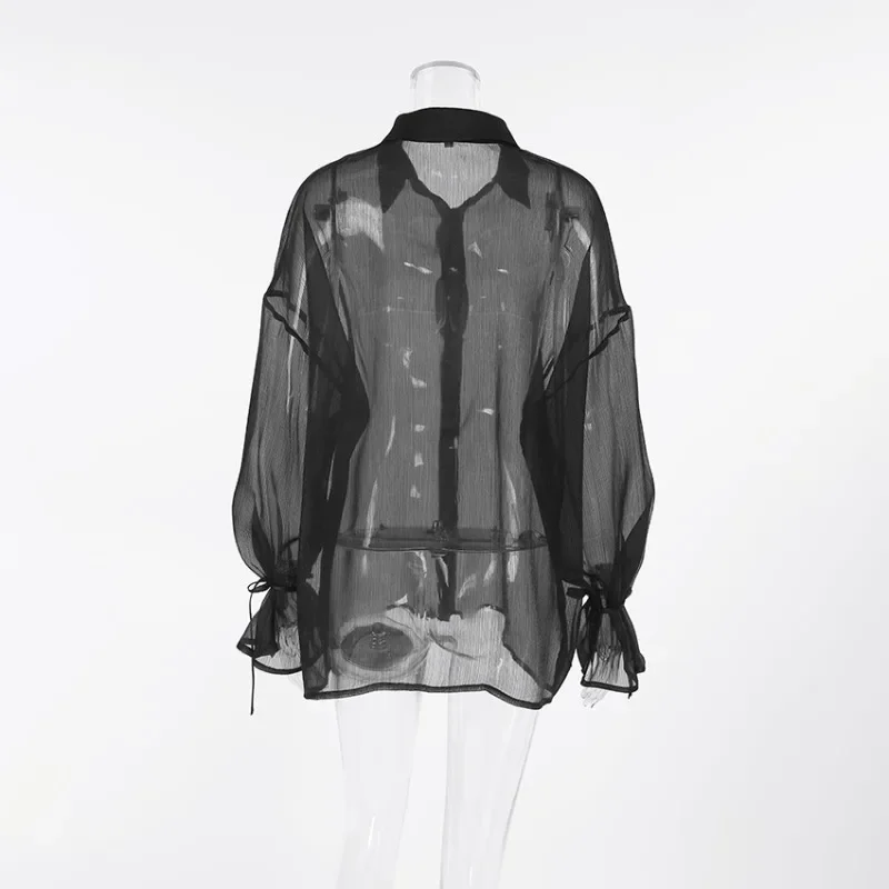 New Spring and Summer Fashion Semi-transparent Black Women's Turn Down Collar Cardigan Shirt Loose Flared Sleeves Lace-up Blouse