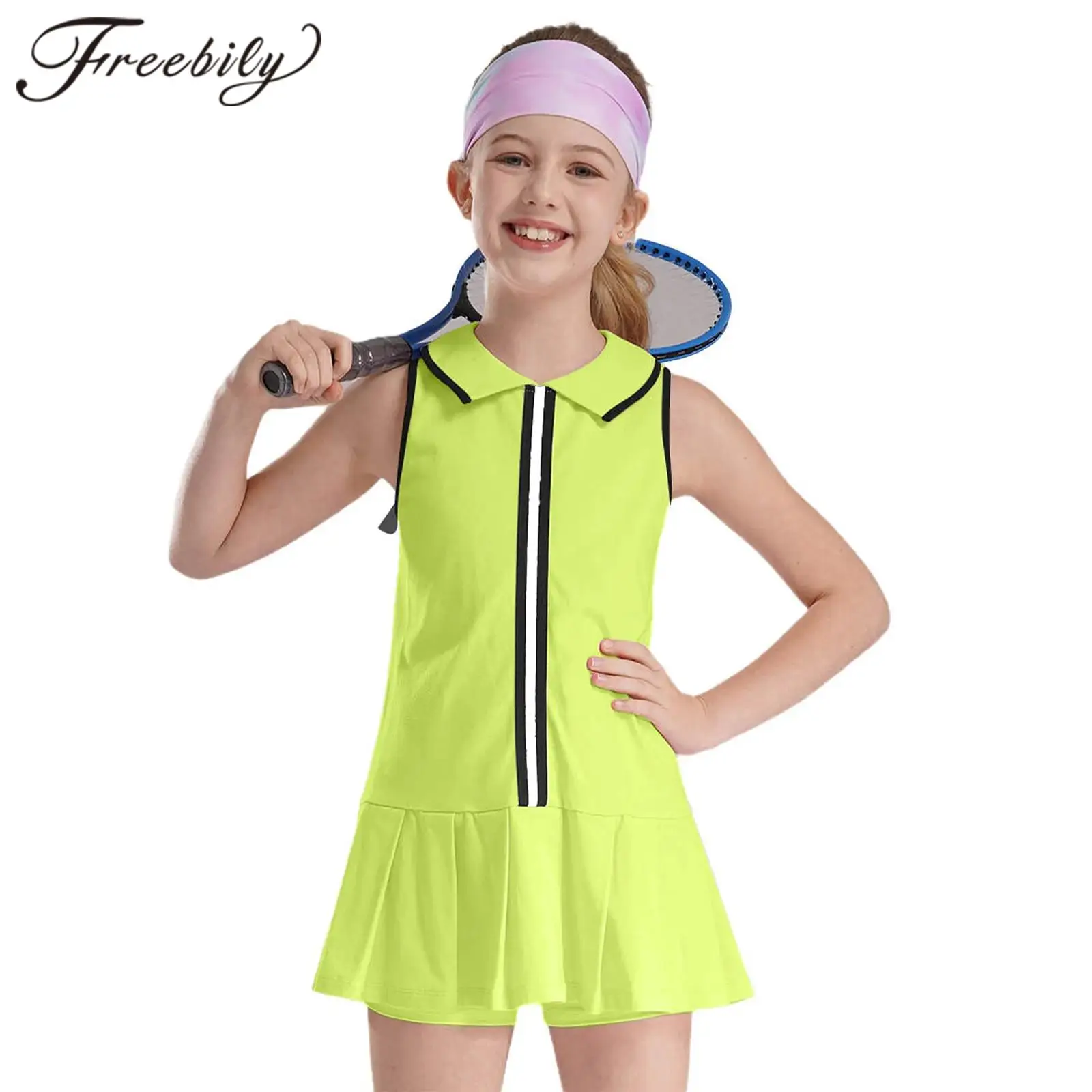 Kids Tennis Dress For Girls Turn-Down Collar Sleeveless Pleated Dresses With Shorts For Sports Cheerleading Badminton Golf Dress