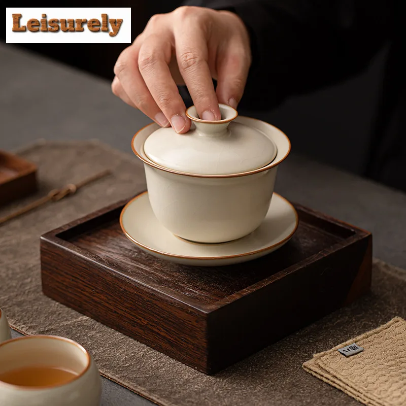 170ML Cream Ru Kiln Gaiwan Aesthetic Sancai Tea Tureen Household Tea Brewing Cover Bowl Chinese Tea Set Accessories Craft Gift