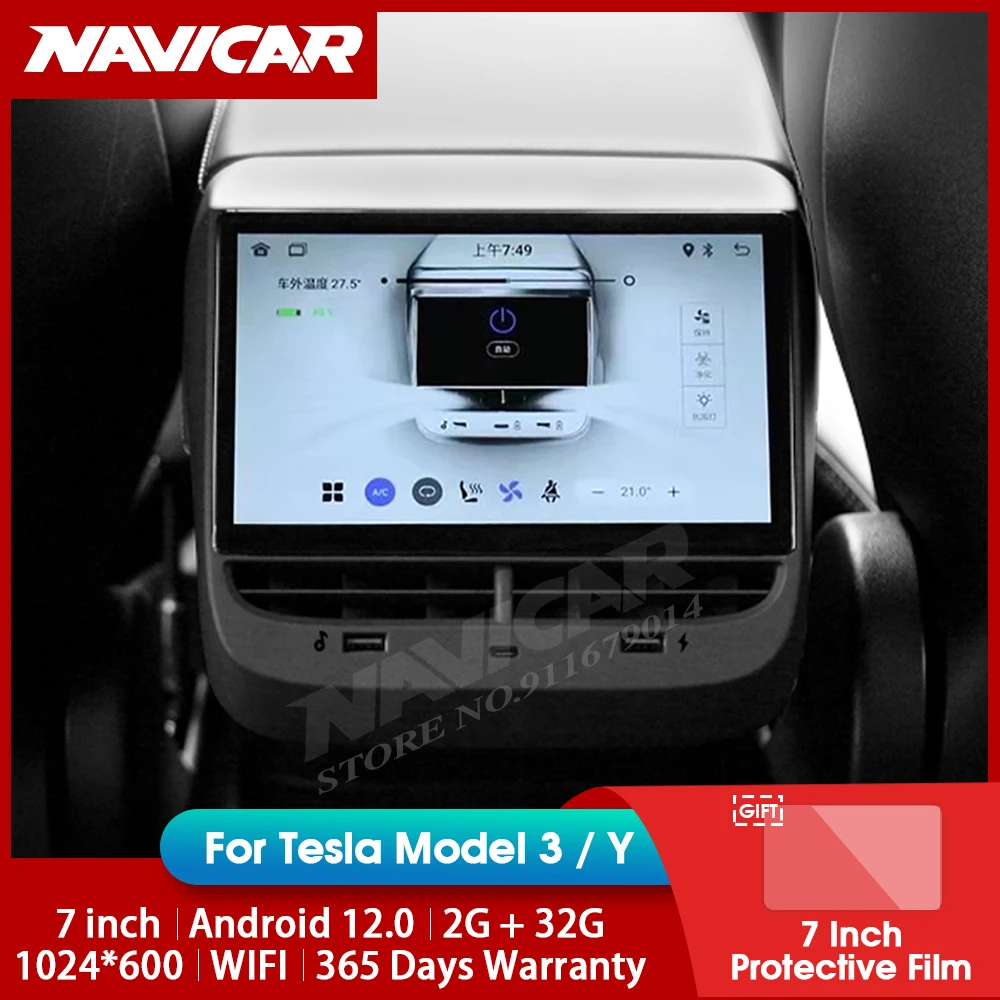 

NAVICAR 7-дюймовая стерео панель переменного тока для Tesla Model 3, модель Y Air, мультимедиа, IPS, заднее сиденье, развлекательная система, дисплей Android 12,0