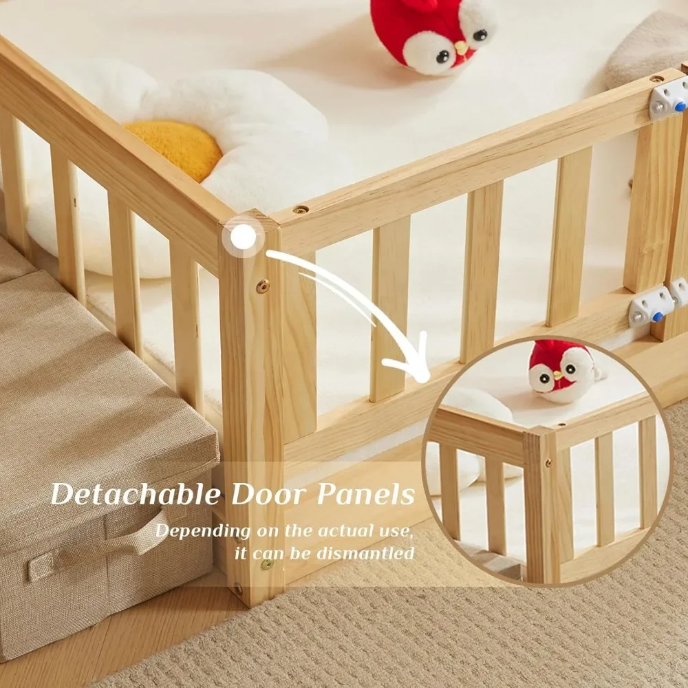 home Toddler Floor Bed with Door and Fence for Kids, Montessori Bed with 12 Slats and Safety Guardrails, Kids Bed Solid Wood 4