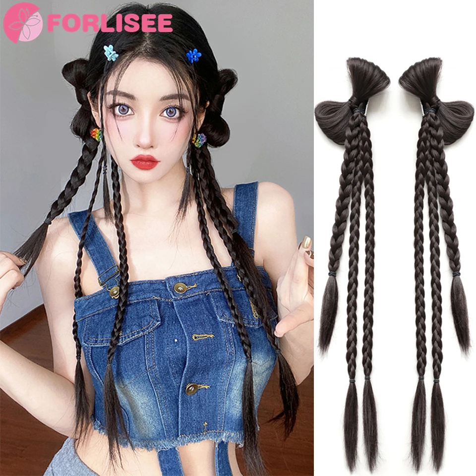 

FORLISEE Wig Ponytail Female Y2K New Chinese Style Millennium Hot Girl Bow Boxing Double Ponytail Twist Braid Wig