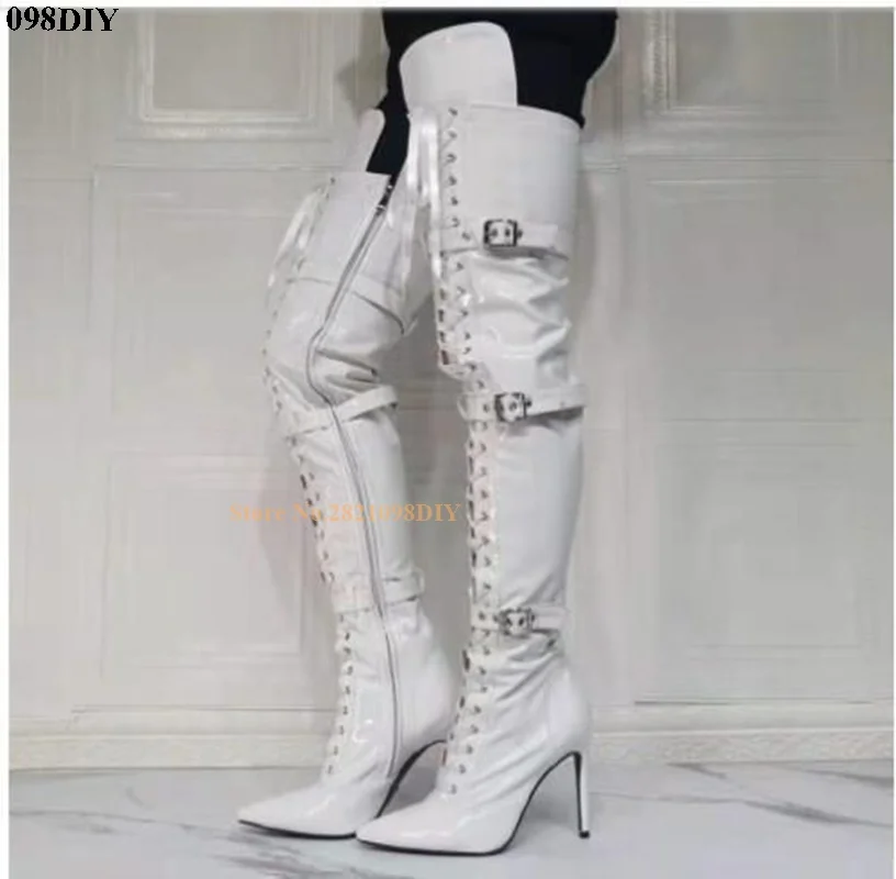 

White Leather Thin High Heeled Women's Over The Knee Boots Buckle Long Zip Pointy Toe Stilettos Pumps Lace Up Thigh High Booties