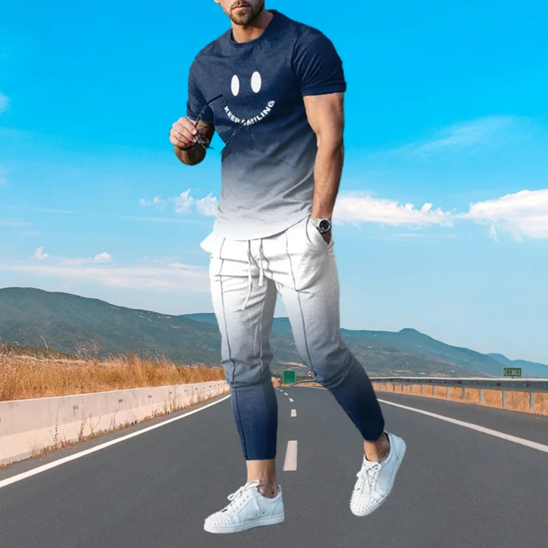 Summer Sportwear Suit Short Sleeve T Shirt Long Pants Men 2 Piece Sets Men Tracksuit 3D Printed Smiling Face Oversized Clothes