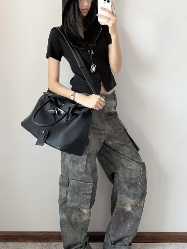 High-End Leather Motorcycle Handbag Large Capacity Commuter Women's Fashion Trend Single Shoulder Slant Cross Bag