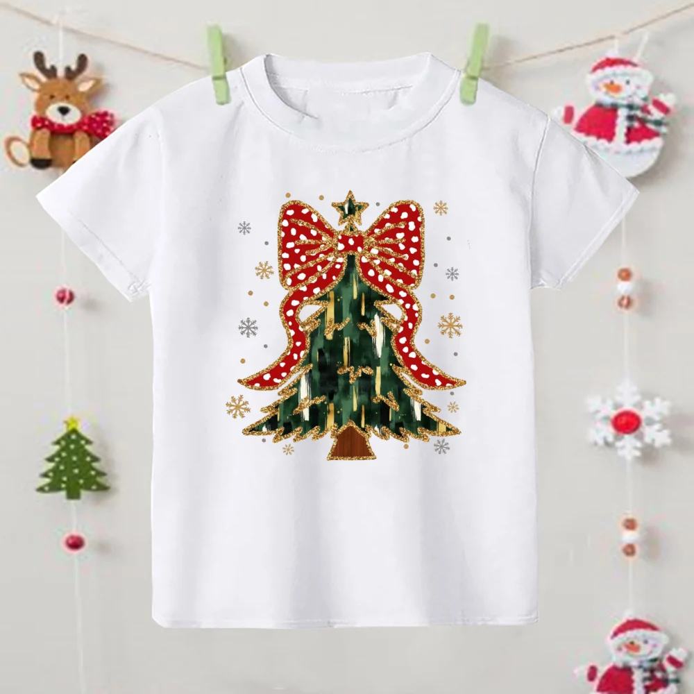 thumbnail image 3 of Camisa con estampado de lazo de árbol de Navidad para niñas, atuendo de fiesta de Navidad, camiseta navideña, camisetas de manga corta para niños, ropa, 3 of 5