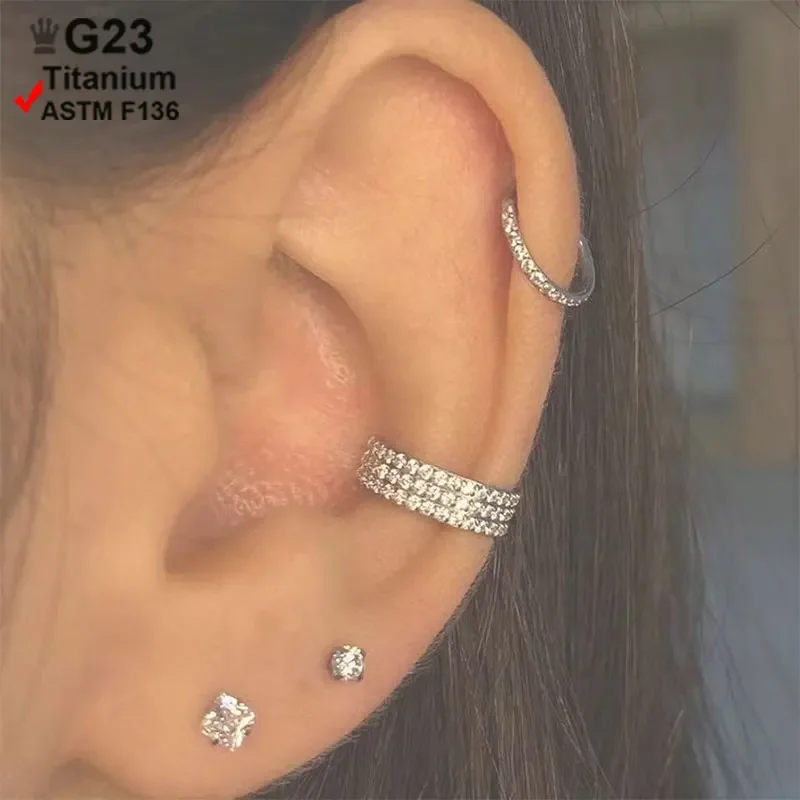 ASTM Titanium Double Layered Triple Zircon Stack Hinged Nose Ring Piercing Helix Cartilage CZ Small Cartilage Septum Clicker