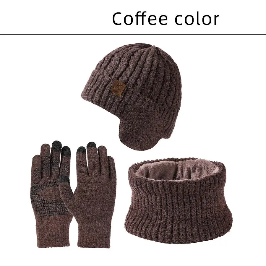 Men\'s Hat and scarf Gloves Set three Pieces for Men Winter Knitted Beanie Hats Thick Warm Hat scarf Glove Set Outdoor Windproof