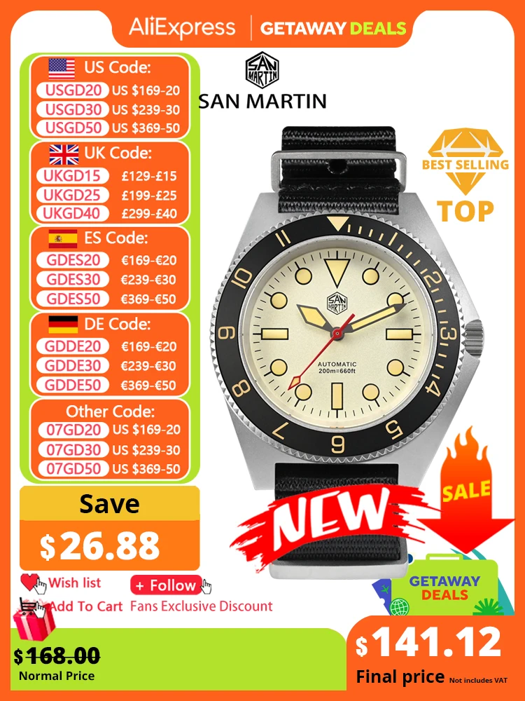 San Martin Men 40mm Vintage Dive Watch Bead Blasted Case NH35 Automatic