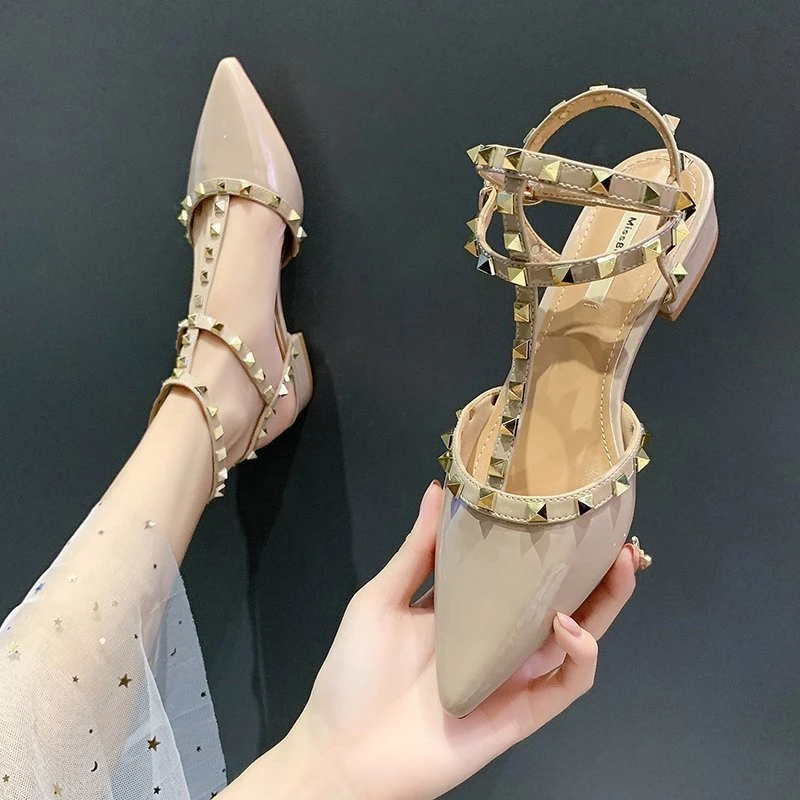 Fashion Shoes for Women Slingbacks Buckle Female Sandals Spring Pointed Toe Rivet Shallow Sexy Dress Party Low Heels Shoes