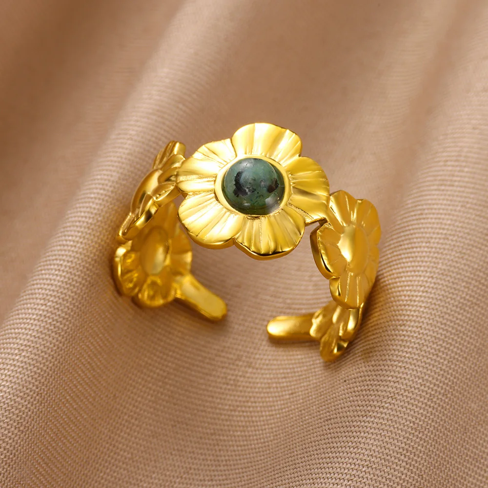 Green Zircon Flower Stainless Steel Rings for Women