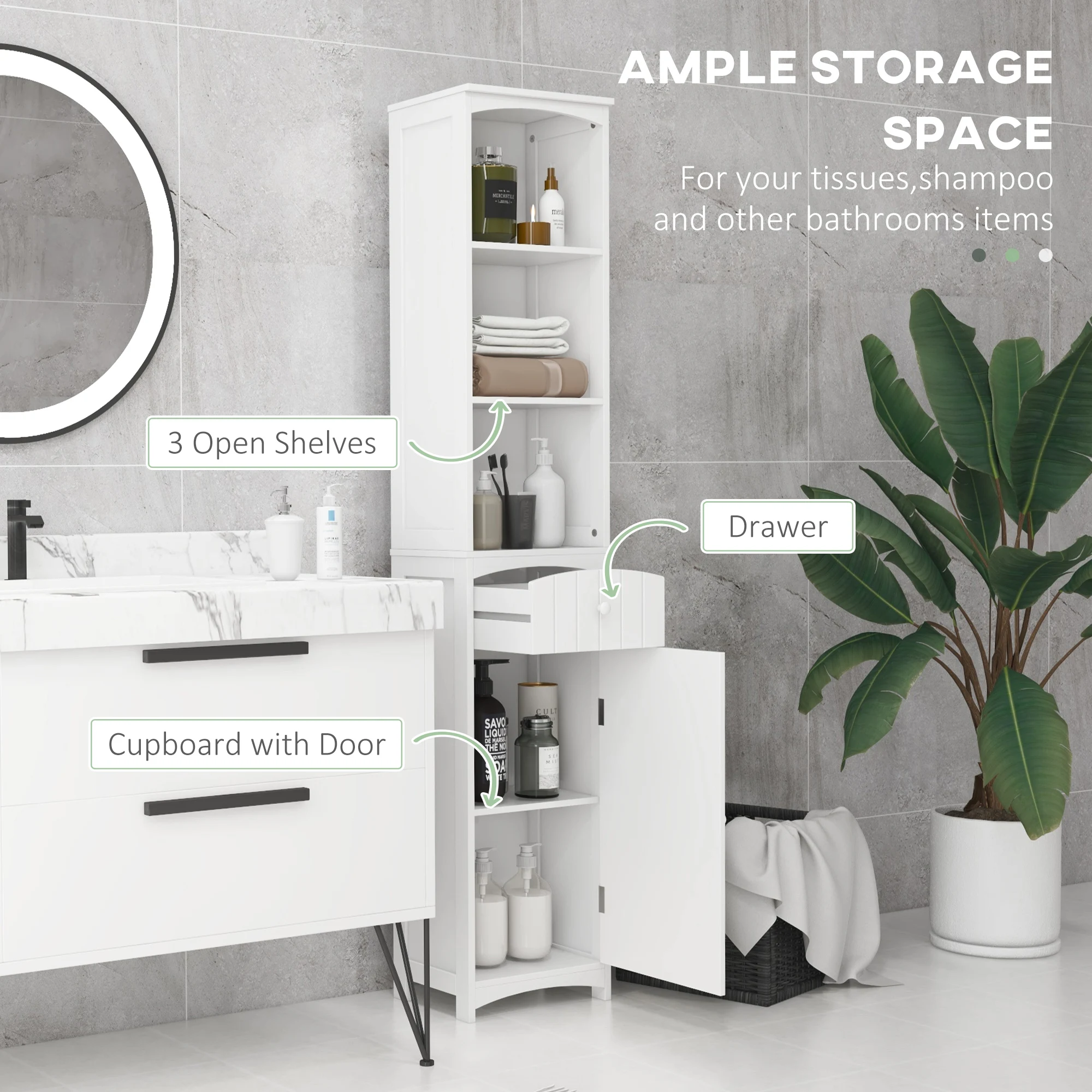 Homcom Bathroom Storage Cabinet, Free Standing Bathroom Storage Unit, Tall Linen Tower with 3-Tier Shelves and Drawer, White 4