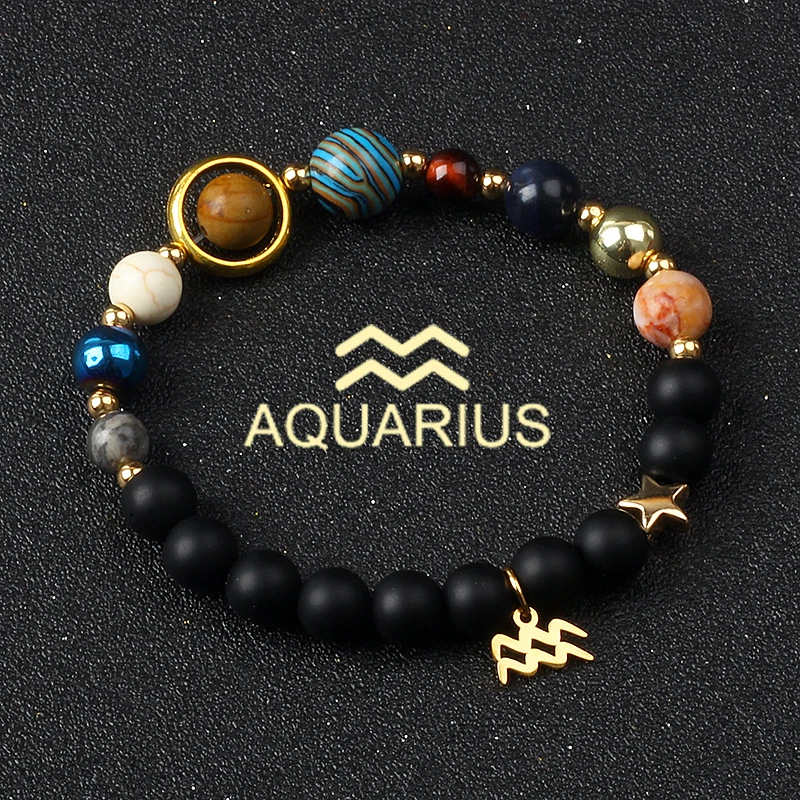 Pulseiras do Sistema Solar para Mulheres, Universo, Galáxia, Oito Planetas, 12 Constelação, Pedra Natural, Libra, Virgem, Leão Jóias